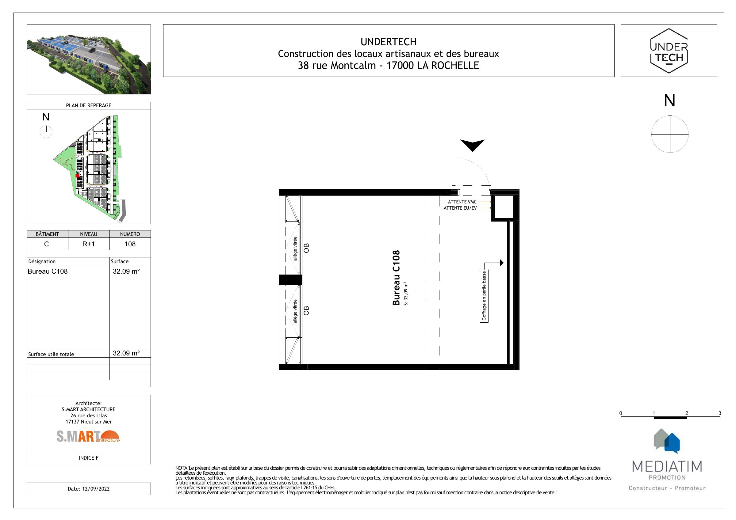 Plan de vente du Bureau C108 UNDERTECH : implantation et accès — 1er étage (R+1) · Bâtiment C