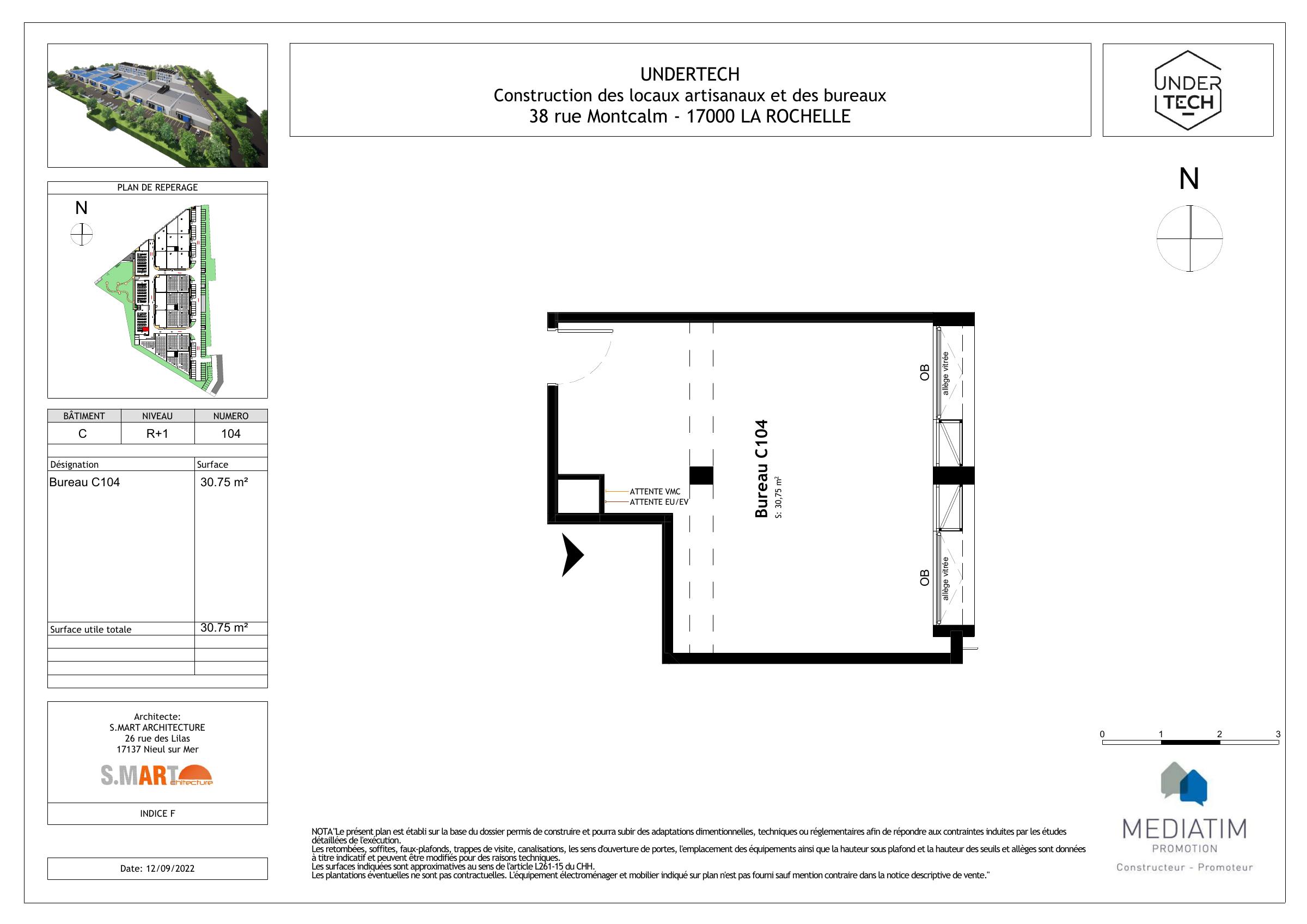 Plan de vente du Bureau C104 UNDERTECH : implantation et accès — 1er étage (R+1) · Bâtiment C
